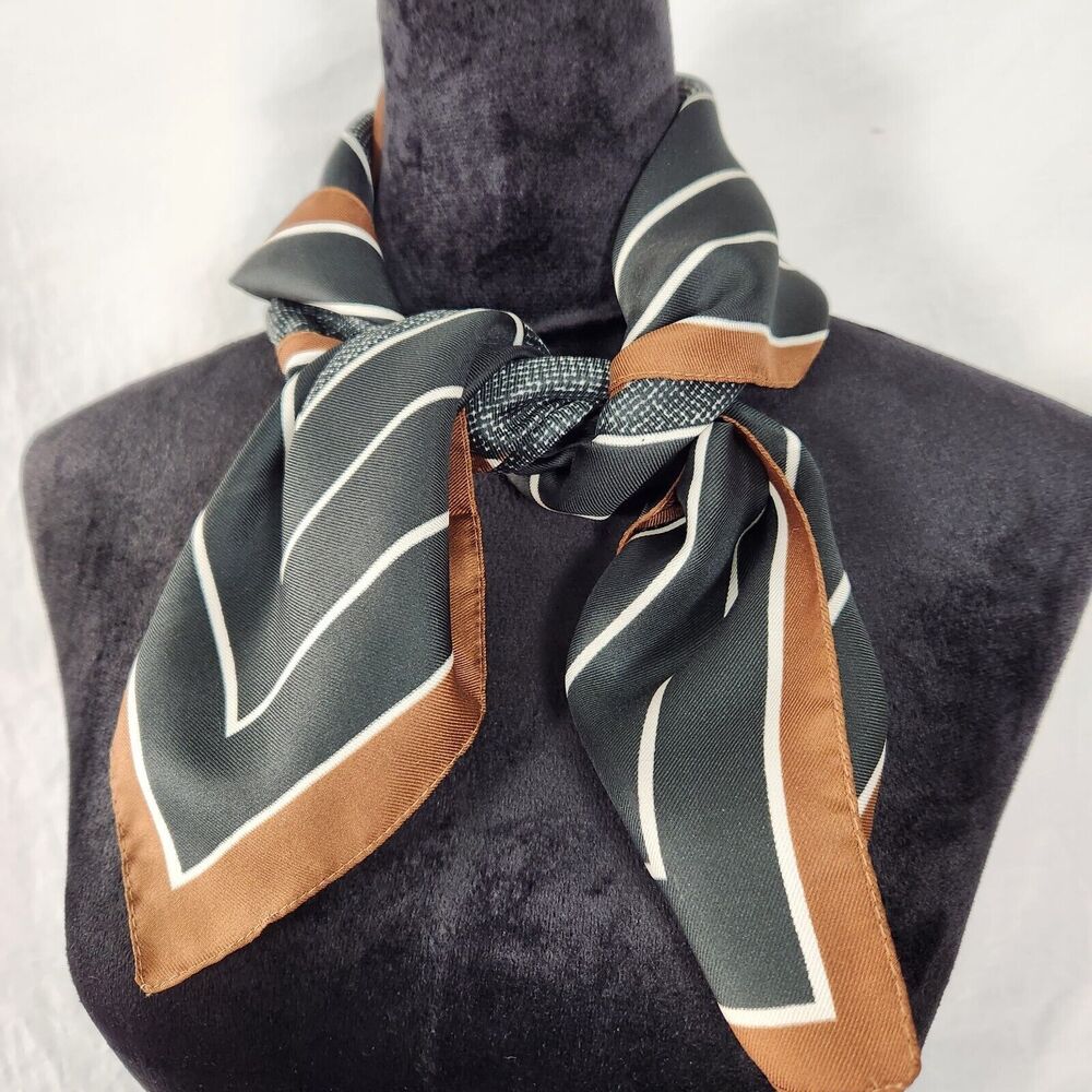 Vintage Square Womens Scarf Hairtie Italy 26 x 26 Black Brown Fall Winter - Picture 2 of 6